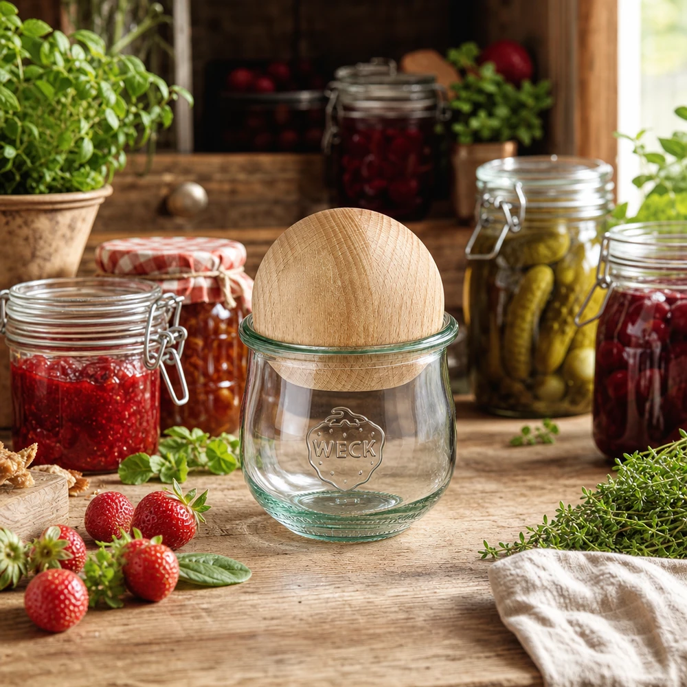 Vaso per tulipani da 370 ml WECK RR80 con sfera in legno di faggio Vaso da conserva WECK RR80 con coperchio in legno in una cucina rustica tra barattoli di marmellata e fragole fresche