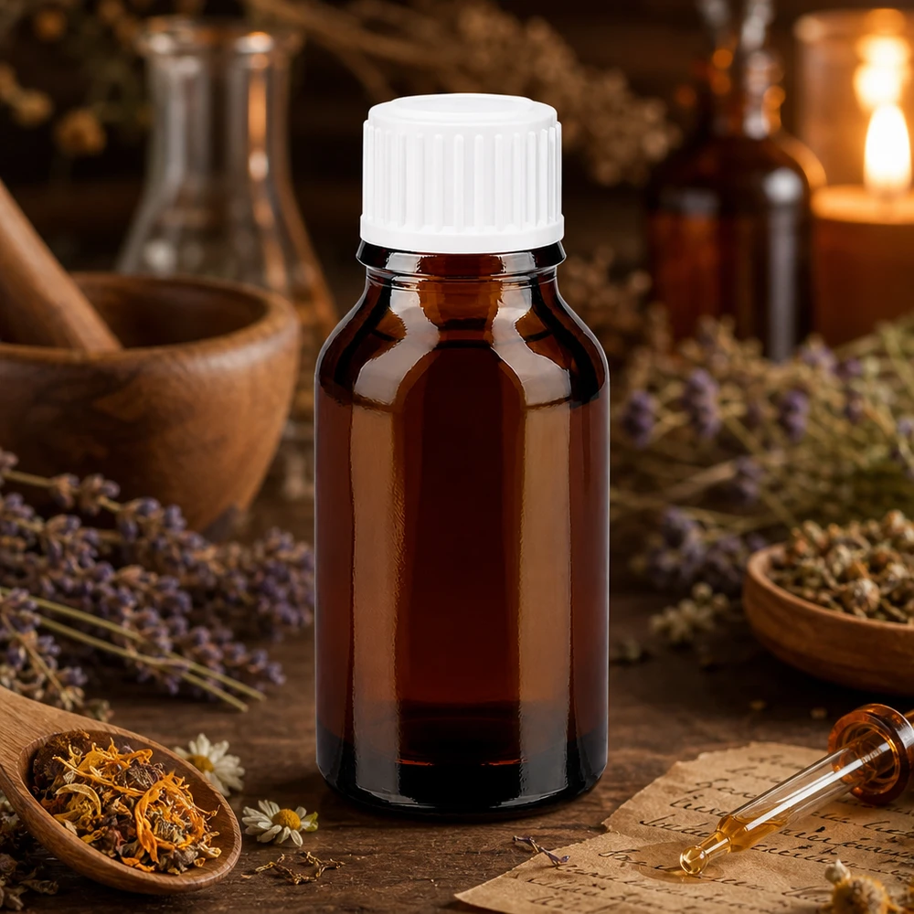 Flacone da farmacia marrone da 30 ml in vetro opaco con tappo bianco, tra erbe e piante medicinali