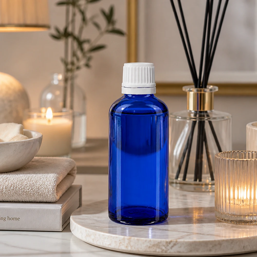 Flacone da farmacia da 50 ml blu cobalto con tappo a vite bianco, in un’atmosfera rilassante simile a quella di una spa