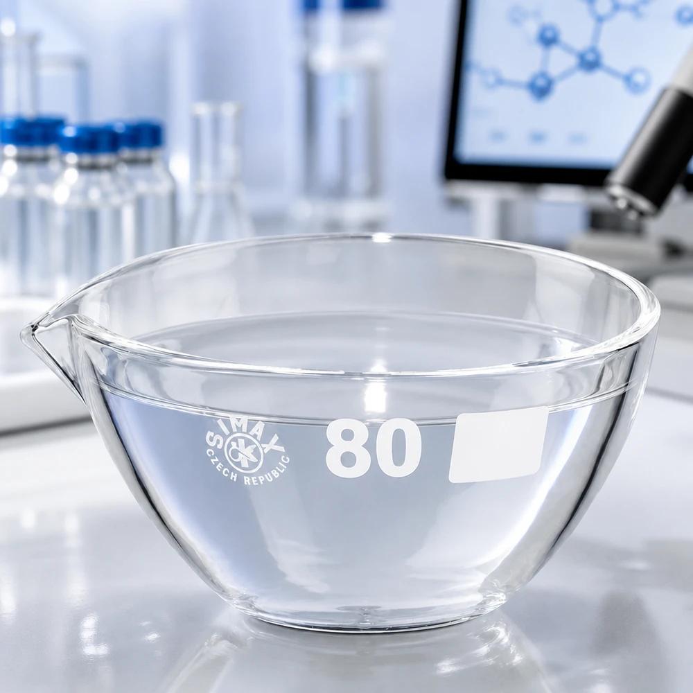 Piatto di evaporazione da 90ml con beccuccio in borosilicato ø80mm Robusta vetreria da laboratorio Piatto di evaporazione in borosilicato da 90 ml con pratico beccuccio per uso di laboratorio