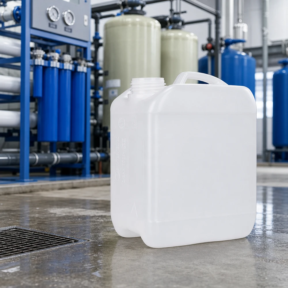 Contenitore trasparente in HDPE da 2,5 litri senza coperchio in un impianto di trattamento dell'acqua