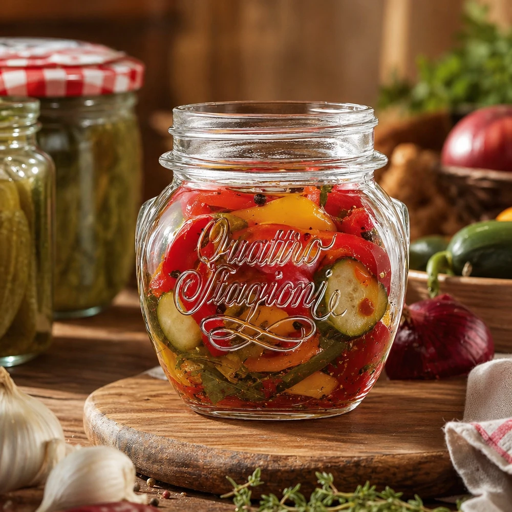 Barattolo Quattro Stagioni da 300 ml con verdure sott'aceto su tavola di legno in cucina rustica