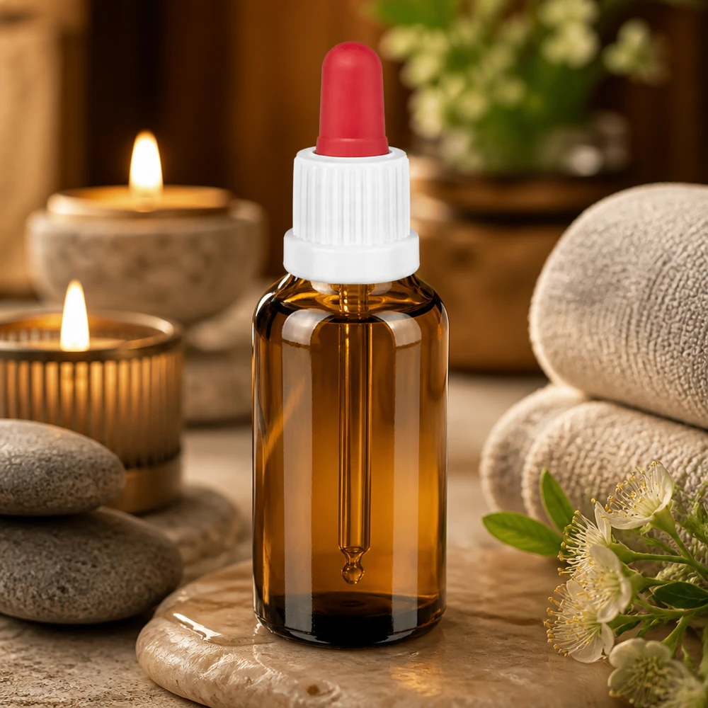 Bottiglia per pipette da 30 ml bianco/rosso OV BrownLine UT18/30 Elegante flacone contagocce da 30 ml in vetro ambrato con tappo a contrasto bianco e rosso per uso professionale