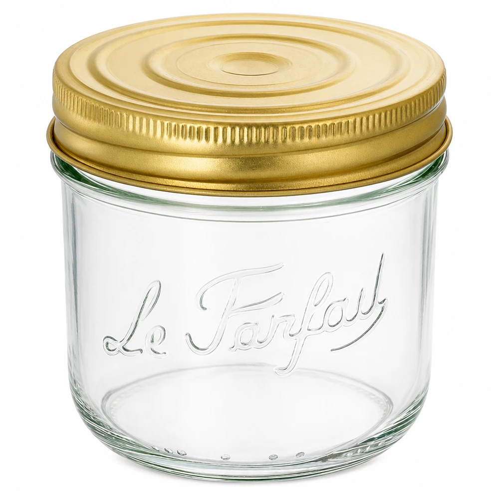 Vaso da 415 ml Familia Wiss con coperchio a vite dorato e stampa Le Parfait per conservare e inscatolare
