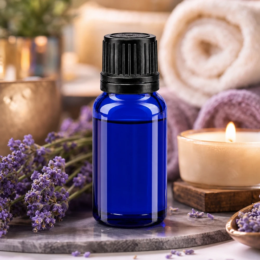 Flacone contagocce blu da 10 ml in vetro da farmacia con tappo di sicurezza a prova di bambino e sigillo di integrità nero