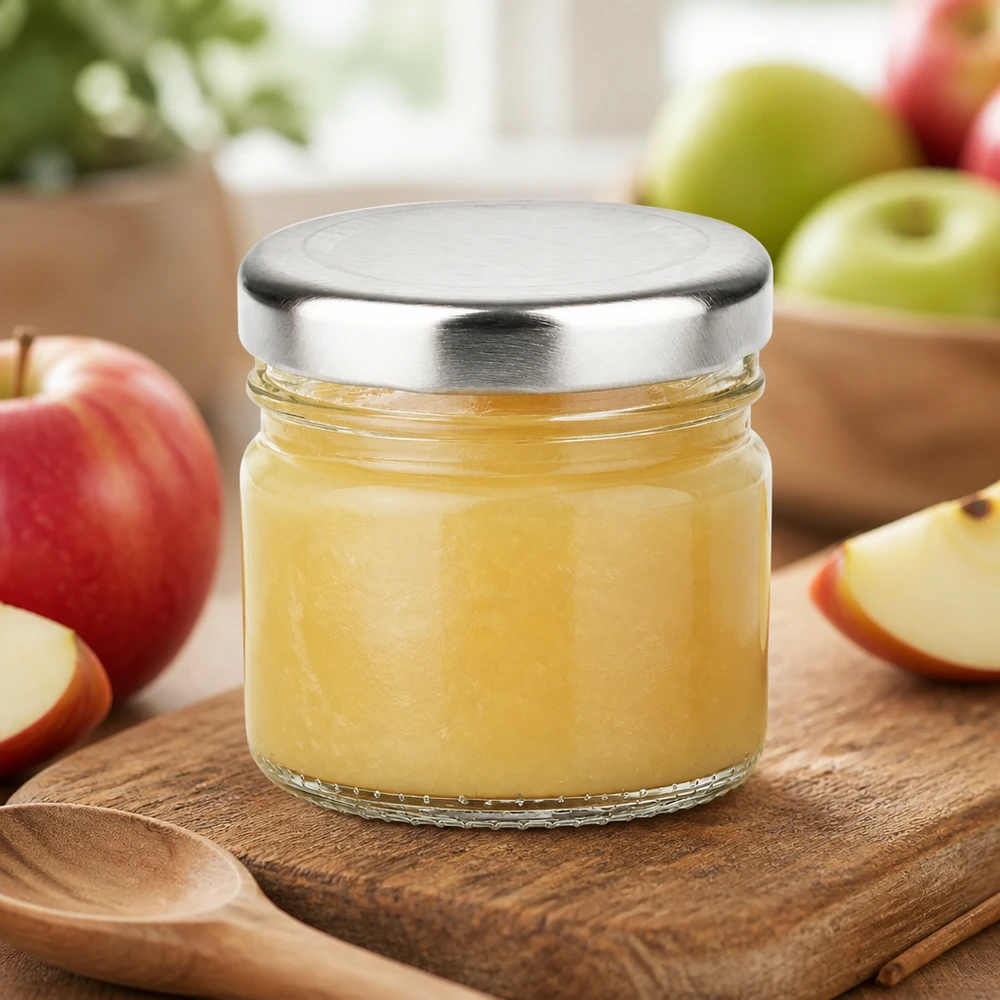 Vasetto rotondo da 33 ml con coperchio BasicSeal, pratico formato monodose per marmellate e purea di frutta