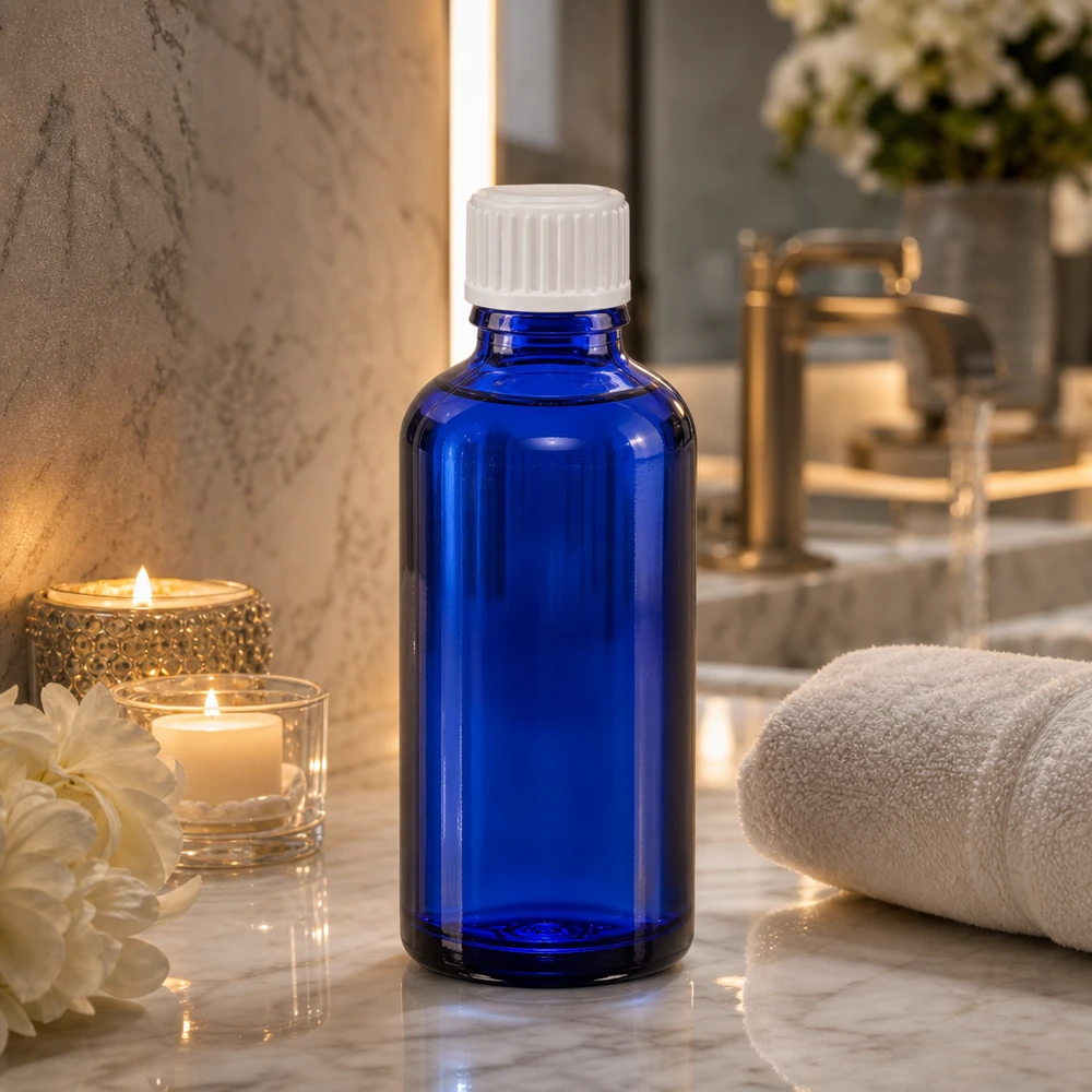 Flacone contagocce blu 50ml STD bianco/0,9mm ApoGlas Flacone contagocce blu da 50 ml in ApoGlas con tappo bianco STD su una superficie in marmo nel bagno