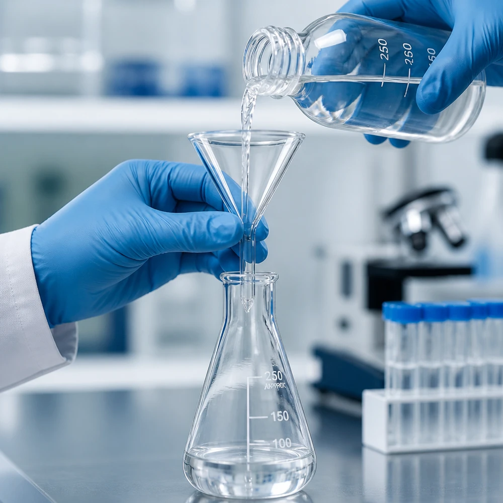 Imbuto Ø 40 mm per calce sodata, angolo 60°, stile corto Imbuto in vetro trasparente di 40 mm di diametro in vetro soda-calce per lavorare in modo pulito in laboratorio