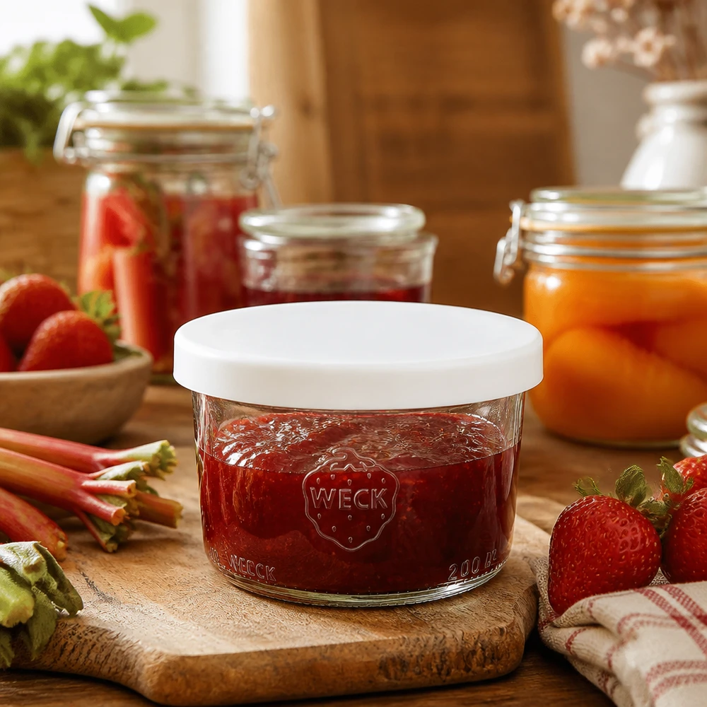 WECK RR80 tumbler 200ml con marmellata di fragole e coperchio in silicone bianco in cucina rustica con frutta fresca