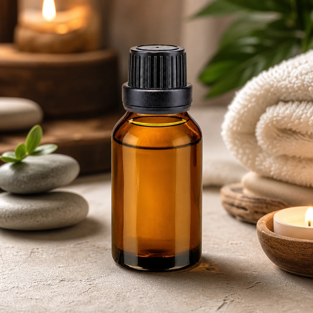 Bottiglia per farmacia marrone 15ml tappo a vite nero stretto OV Flacone in vetro ambrato da 15 ml per aromaterapia con tappo a vite nero, tra pietre da massaggio e candele