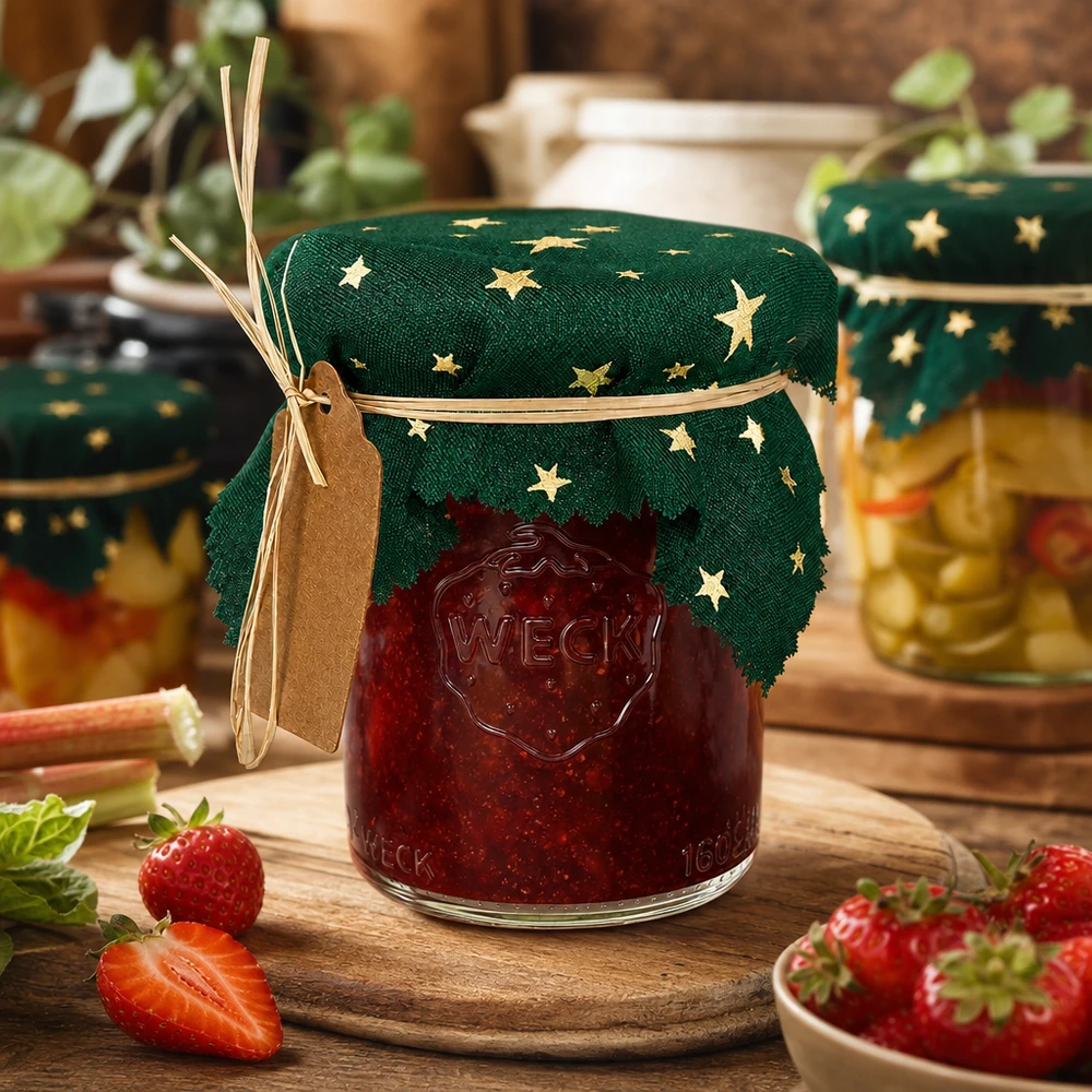 Centrino verde a stella 12 cm quadrato su barattolo di marmellata di fragole, scena di cucina rustica con fragole fresche