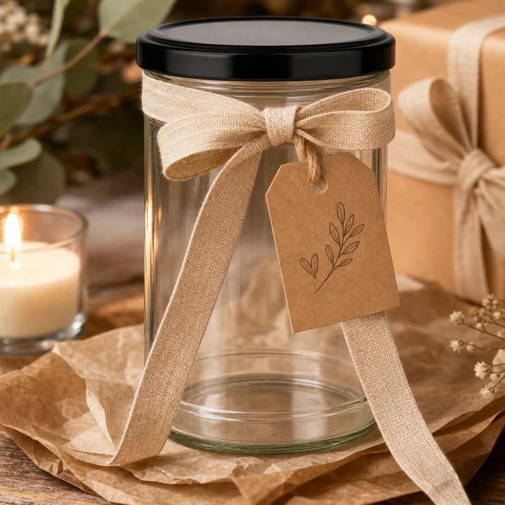 Vaso da 1053 ml con coperchio BasicSeal nero UN... Bicchieri da 1053 ml con coperchio nero in confezione regalo decorata con fiocco e cartellino in carta kraft