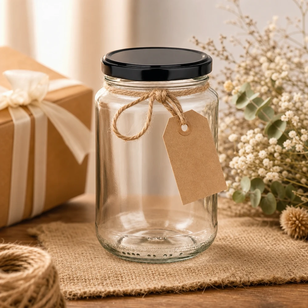 Vaso rotondo da 375 ml con coperchio BasicSeal nero UNiTWIST. Vaso rotondo da 375 ml decorato con etichetta in carta kraft e cordoncino di iuta come confezione regalo per la conservazione del vaso