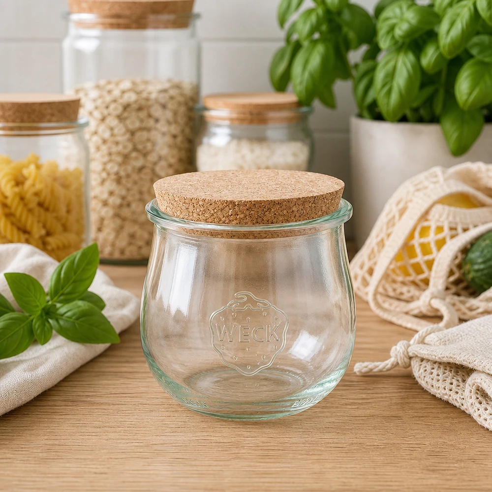 Vasetto per tulipani da 370 ml WECK RR80 con tappo in sughero naturale WECK vaso tulipano 370ml RR80 con tappo in sughero in cucina sostenibile a rifiuti zero tra vasi di stoccaggio e basilico