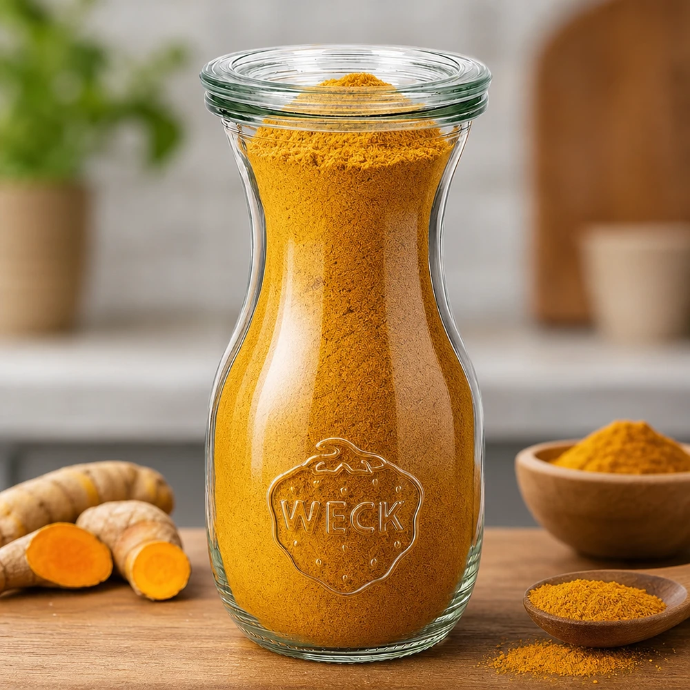 Bottiglia per succhi da 290 ml con coperchio in vetro WECK RR60 Bottiglia di succo WECK da 290 ml RR60 riempita di polvere di curcuma accanto a radici di curcuma fresche e ciotole di legno sul tavolo della cucina
