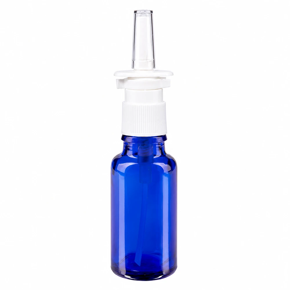 Flacone in vetro blu da 20 ml con erogatore nasale bianco e beccuccio trasparente per farmacie