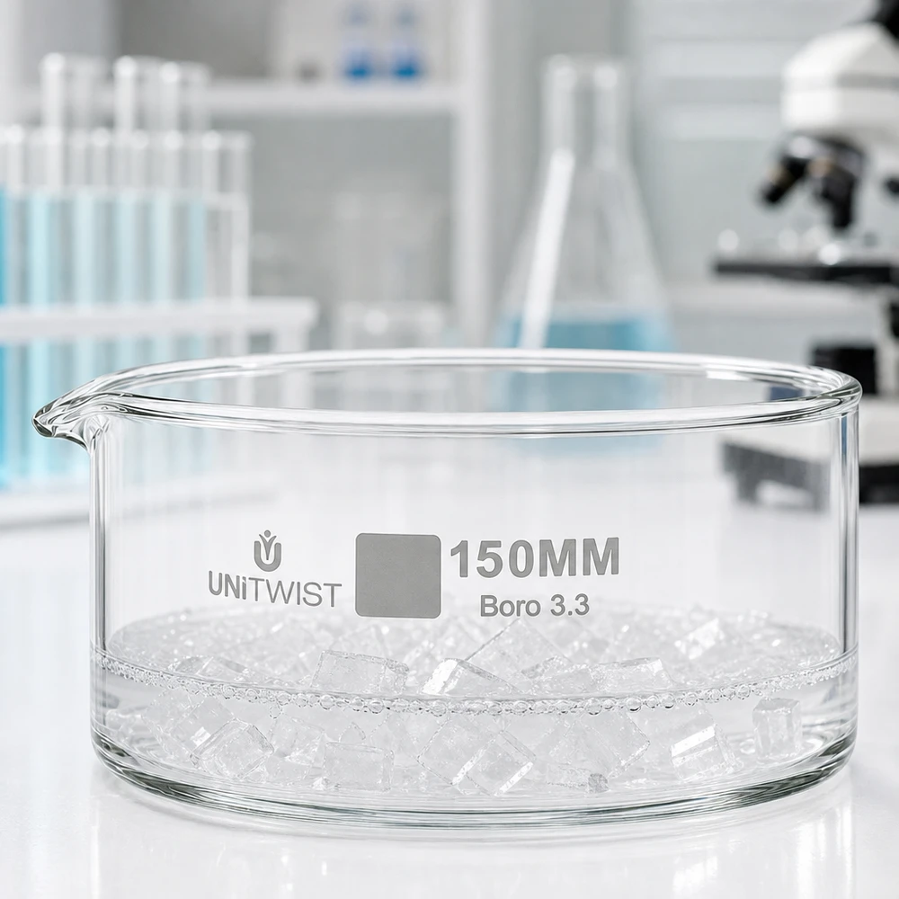 Piatto per cristallizzare ø150mm in vetro borosilicato UNiTWIST Ciotola piatta in vetro da 150 mm UNiTWIST Boro 3.3 con cubetti di ghiaccio in laboratorio