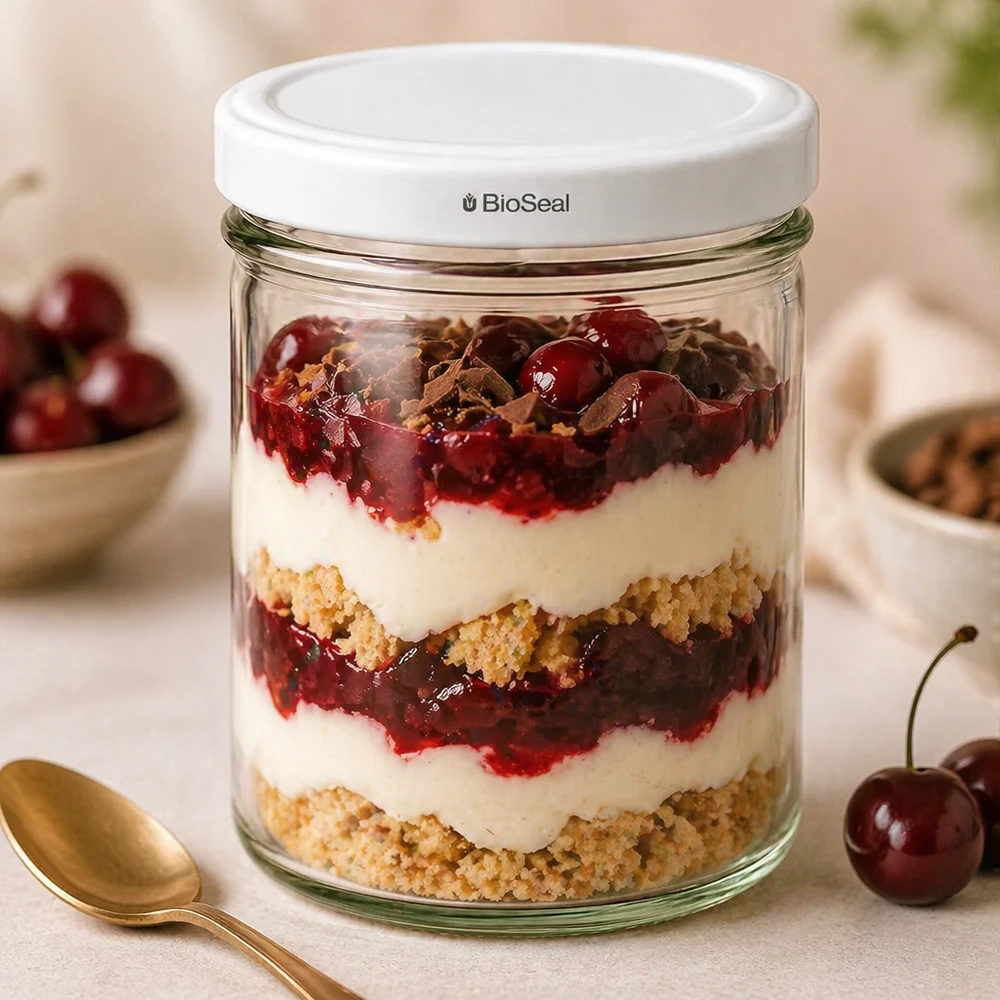 UNiTWIST Lintel167 con coperchio bianco TO66 BioSeal UNiTWIST 167ml tumbler con coperchio BioSeal dessert a strati composta di ciliegie crumble dessert in vetro scena cucina cucchiaio dorato