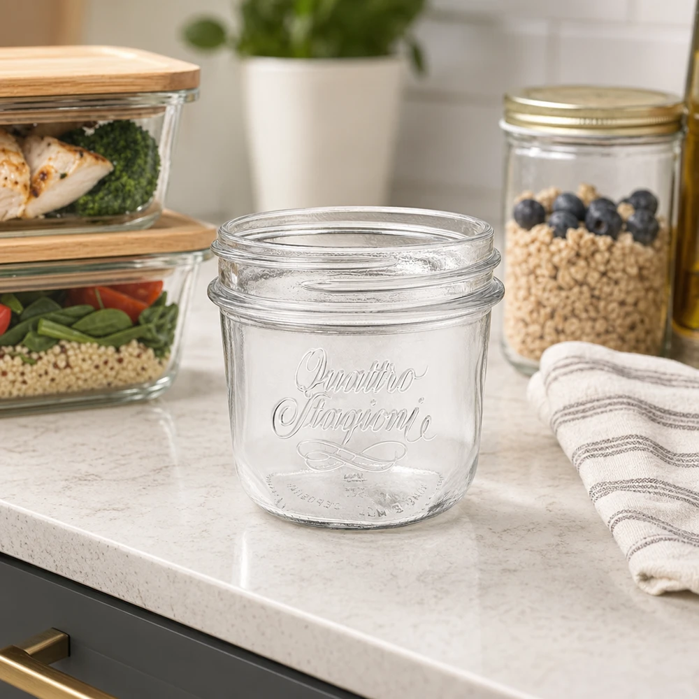 Vaso per gioielli "Quattro Stagioni" da 200 ml 200ml Quattro Stagioni Einmachglas mit elegantem Design für Küche Vorratshaltung und Dekoration auf Marmor Arbeitsplatte