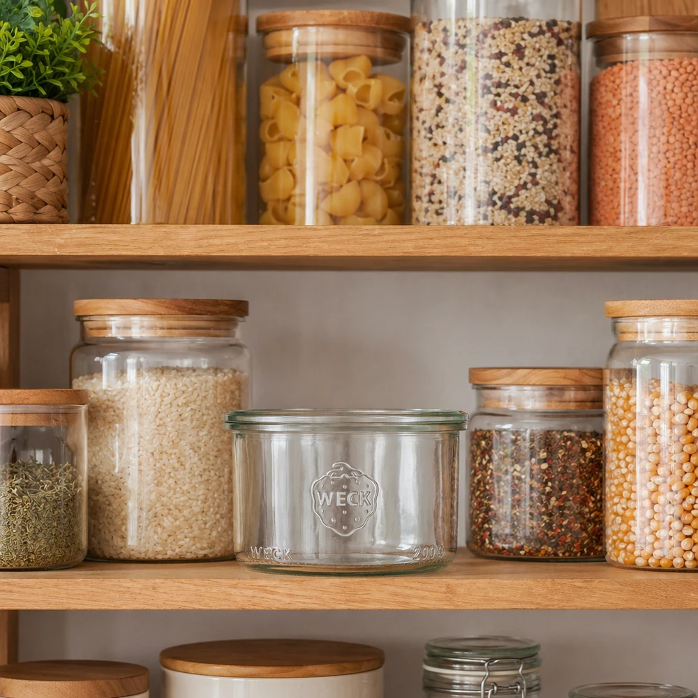 Bicchieri WECK RR80 da 200 ml in una cucina organizzata con barattoli per alimenti e spezie su un ripiano in legno