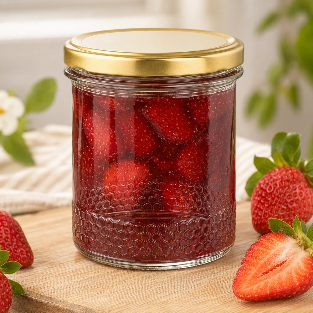 Vasetto per miele da 560 g con capsula dorata BasicSeal UNiTWIST Vasetto per miele da 400 ml con coperchio BasicSeal oro UNiTWIST come vasetto per marmellata di fragole con fragole fresche