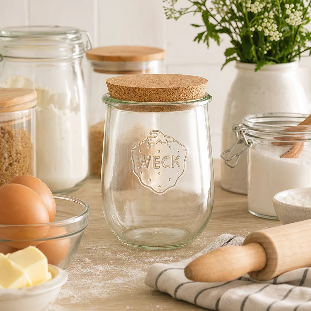Vaso per tulipani da 1062 ml WECK RR100 con sughero naturale WECK barattolo a tulipano RR100 1062ml con tappo in sughero in un'accogliente cucina da forno accanto a farina, uova e ingredienti da forno Conservazione