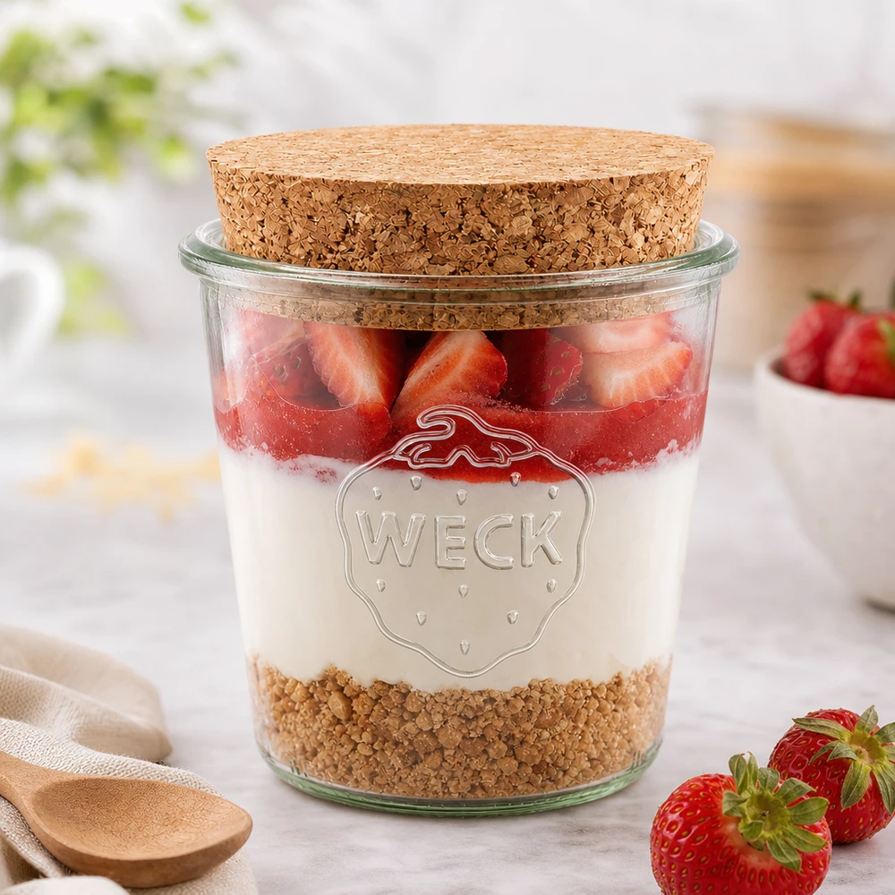 Vasetto WECK 580ml RR100 con tappo in sughero come vasetto da dessert per fragole, yogurt e muesli, disposto con stile su un tavolo bianco.