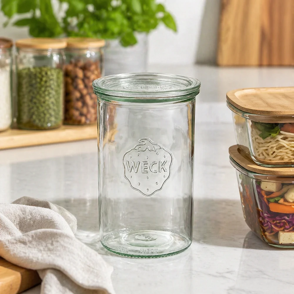 Vaso per conserve WECK 1000ml RR100 vuoto sul piano di lavoro della cucina tra i vasi di conservazione con noci e spezie