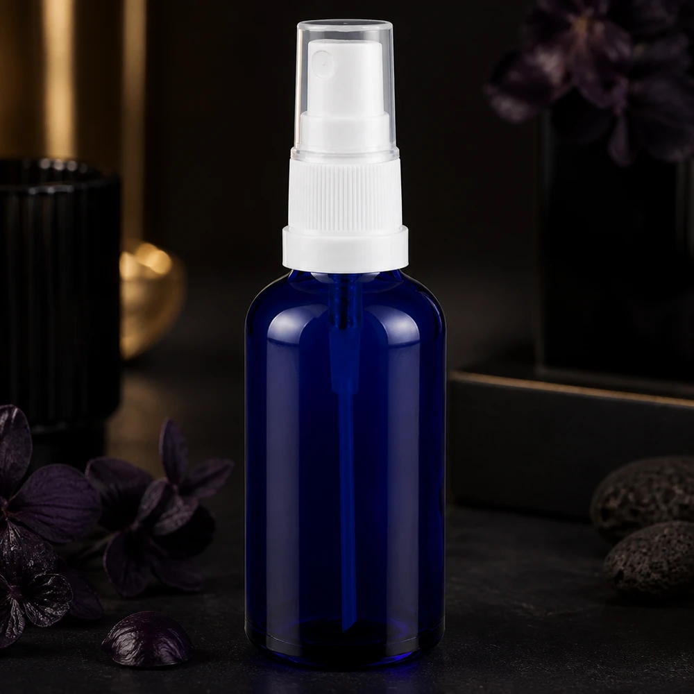 Flacone spray da 50 ml bianco/tr. STD BlueLine UT18/50 Flacone spray igienico da 50 ml con vetro blu Protezione UV per cosmetici e oli naturali