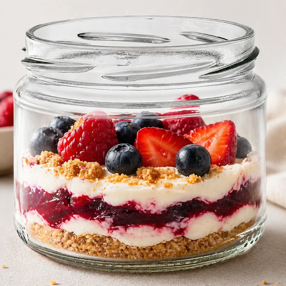 UNiTWIST Runda330 - Barattolo rotondo capacità 330ml TO82 UNiTWIST Runda330 bicchiere rotondo ripieno di dessert colorato ai frutti di bosco a strati, trifle ai frutti di bosco con base di panna e biscotto