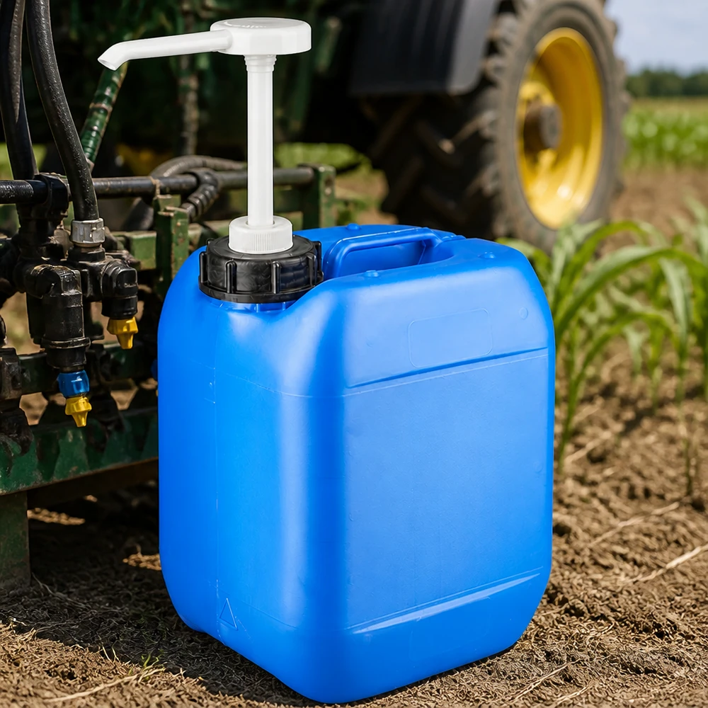 Tanica blu da 5 litri con pompa dosatrice utilizzata in ambito agricolo accanto a un trattore