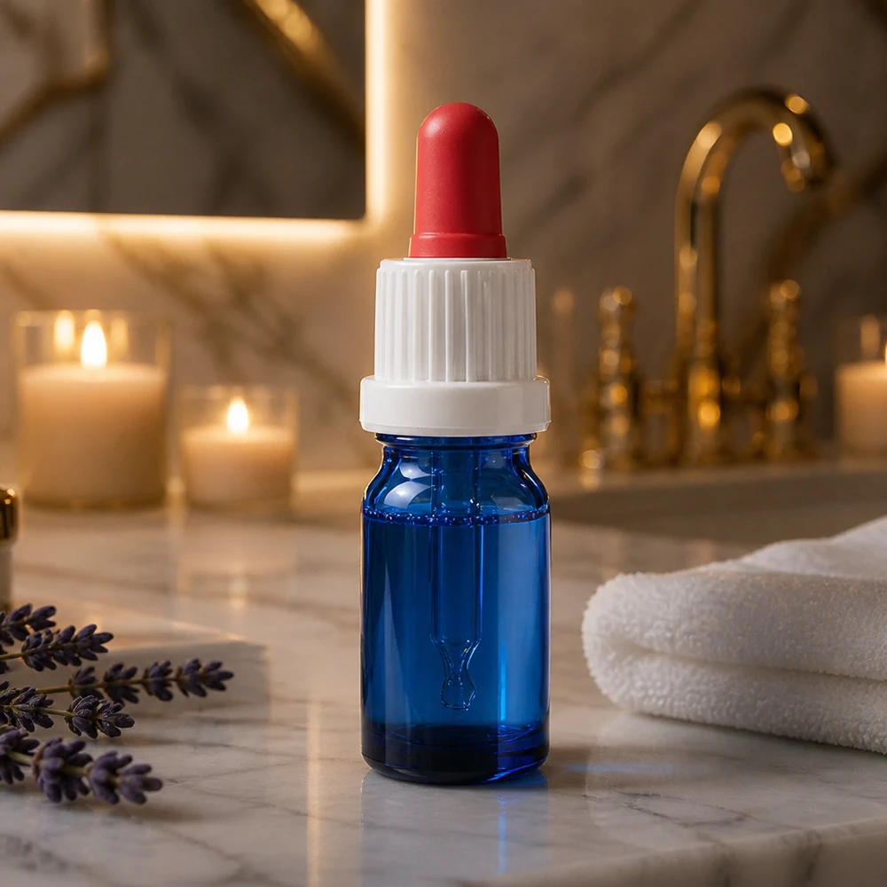 Flacone per pipette da 5 ml bianco/rosso OV BlueLine UT18/5 Elegante flacone a pipetta da 5 ml in blu cobalto con filettatura bianca, perfetto per i viaggi e gli spostamenti