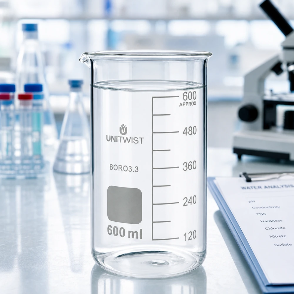 Vaso di vetro UNITWIST da 600 ml, modello alto, in borosilicato, con acqua limpida sul banco di laboratorio accanto al microscopio