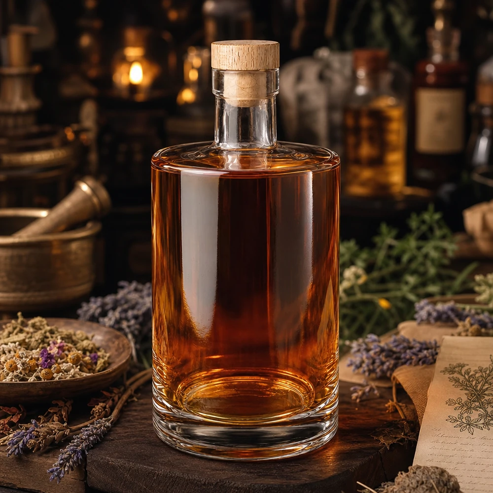 Bottiglia da 700 ml in vetro Marie con tappo in legno e contenuto marrone disposto tra erbe secche e lavanda