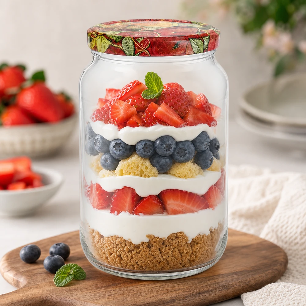 Barattolo rotondo da 1062 ml + coperchio BasicSeal per frutta... 1062ml barattolo rotondo BasicSeal coperchio frutta decorazione dessert a strati bacche crema biscotto base trifle dessert mason jar