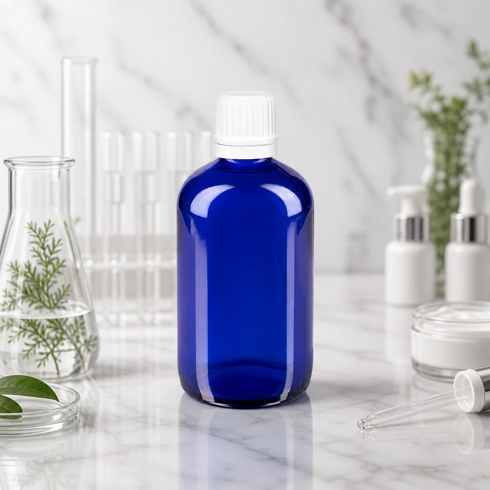 Bottiglia da farmacia blu da 100ml. SV OV bianco/11mm ApoGlas Fiaschetta da farmacia in vetro blu da 100 ml con tappo OV bianco da 11 mm, in laboratorio tra il matraccio di Erlenmeyer e le provette