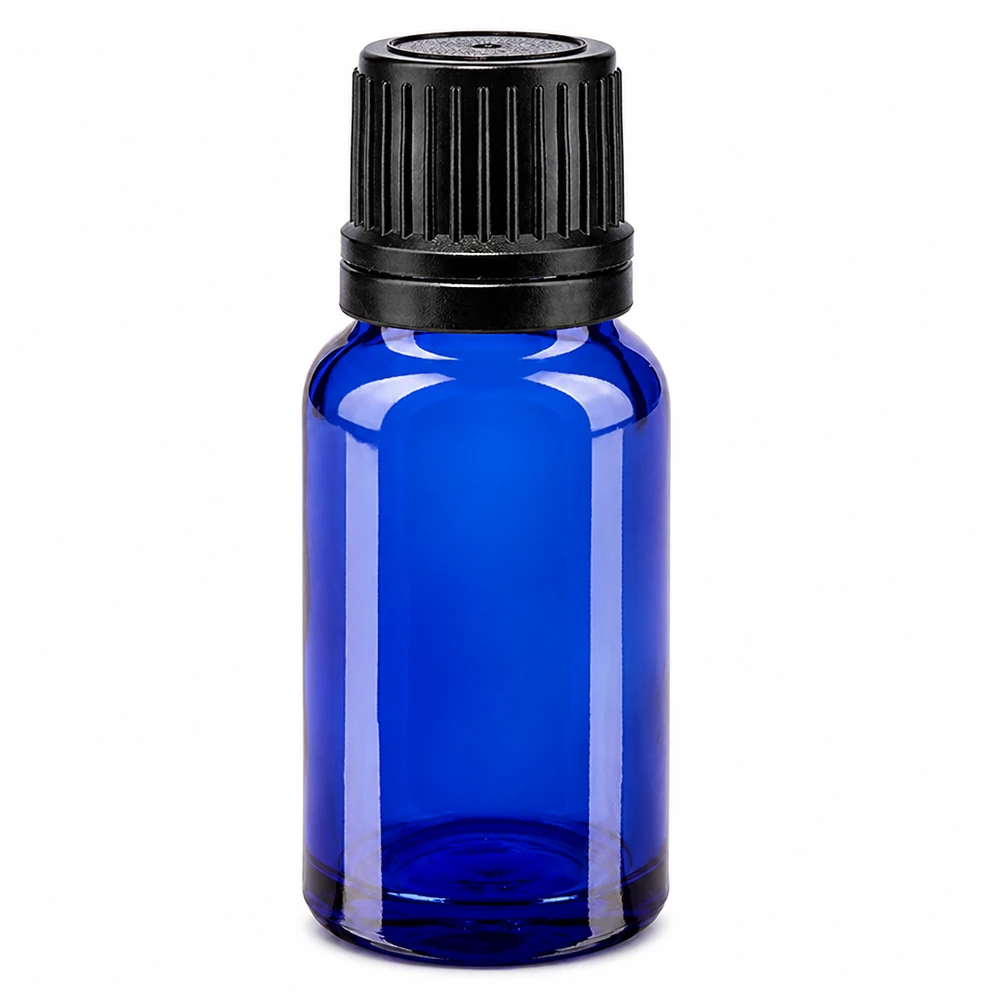 Flacone in vetro da farmacia blu da 10 ml con tappo OV nero, realizzato in vetro borosilicato di alta qualità