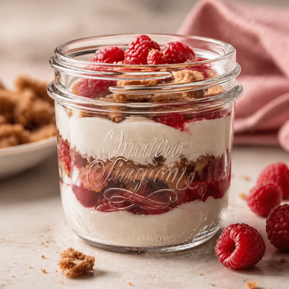 Vaso per gioielli "Quattro Stagioni" da 200 ml Vaso decorativo Quattro Stagioni da 200 ml con ripieno di dessert, lamponi e biscotti, vaso trasparente per la conservazione in cucina