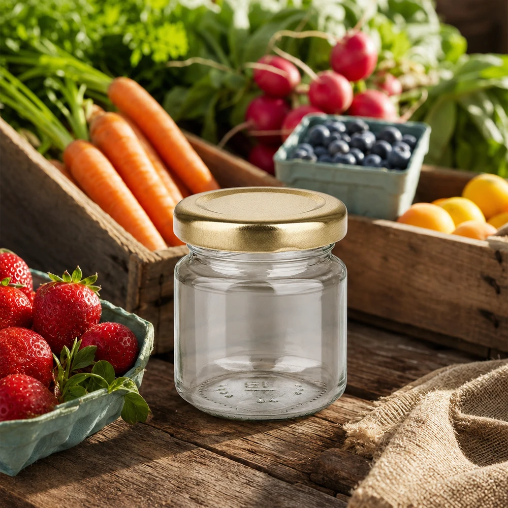 UNiTWIST in vetro rotondo da 53 ml con coperchio BasicSeal dorato su un tavolo di legno circondato da frutta e verdura fresca.