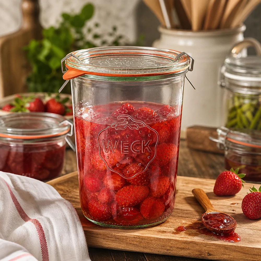 Vaso tumbler da 850 ml completo WECK RR100 Vaso da conserva WECK da 850 ml riempito di marmellata di fragole su una tavola di legno in una cucina rustica con fragole fresche