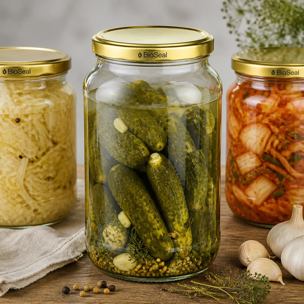 UNiTWIST Runda1062 con coperchio dorato. Coperchio TO82 BioSeal UNiTWIST Runda1062 set di barattoli per la conservazione di cetrioli sottaceto kimchi TO82 Coperchio BioSeal alimenti fermentati