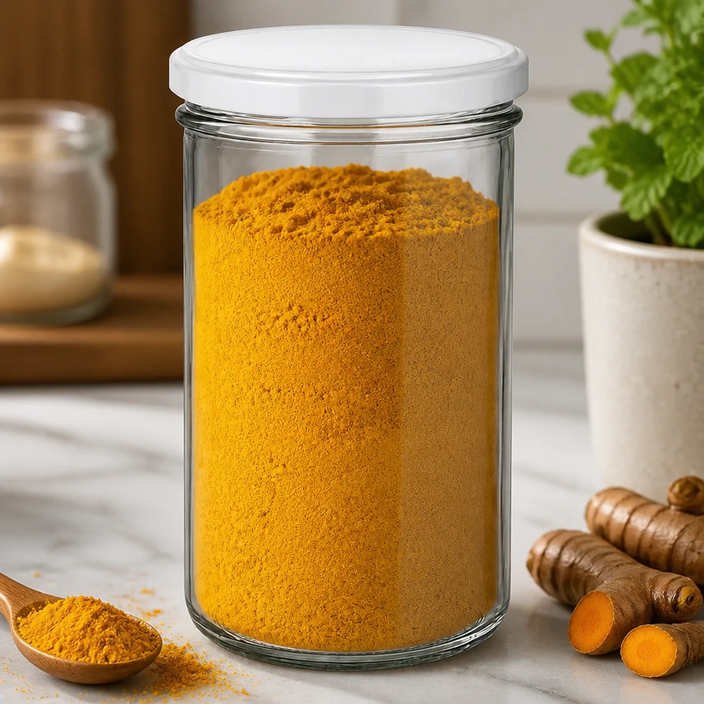 Bicchieri da 277 ml con coperchio BasicSeal bianco UN.. Barattolo da 277 ml riempito di curcuma in polvere - conservazione delle spezie in un barattolo da conserva con coperchio bianco BasicSeal