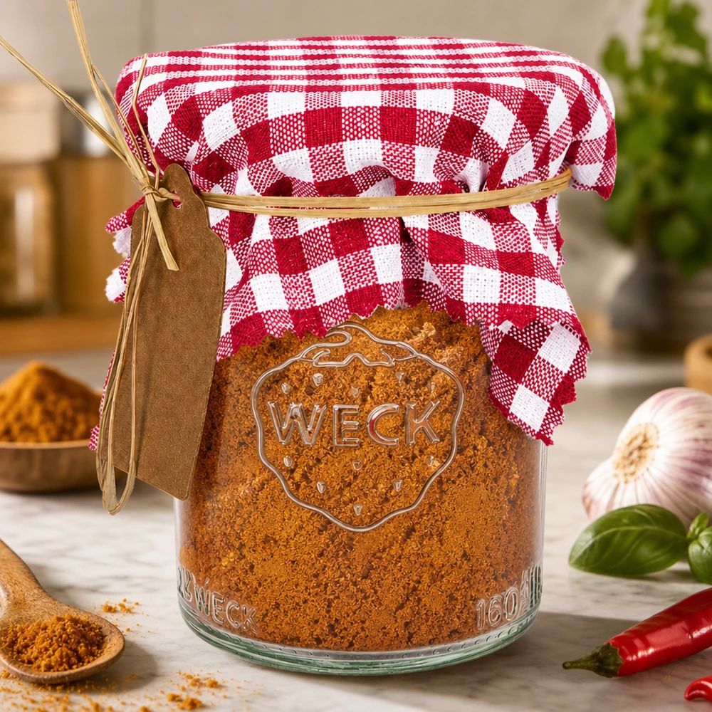 Centrino decorativo a scacchiera bordeaux di 12 cm quadrati su vaso per spezie WECK con paprika ed erbe aromatiche nella cucina della casa di campagna