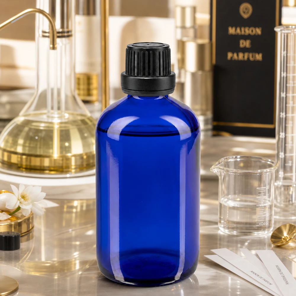 Bottiglia da farmacia blu da 100 ml. SV OV nero/11mm ApoGlas Bottiglia di vetro blu da 100 ml con tappo contagocce in un ambiente da profumeria con bicchiere di vetro