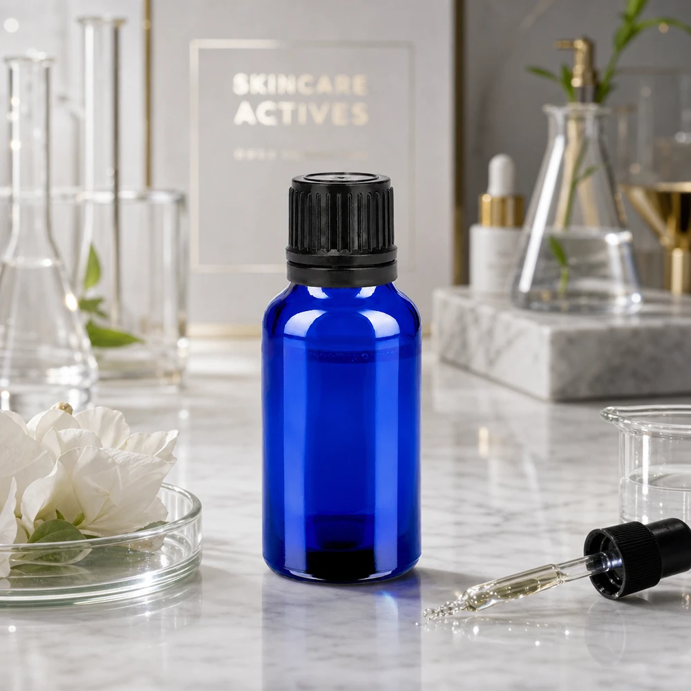 Bottiglia da 20ml 11mm SV nero OV BlueLine UT18/20 Flacone in vetro blu premium da 20 ml con tappo contagocce nero per la cura naturale della pelle