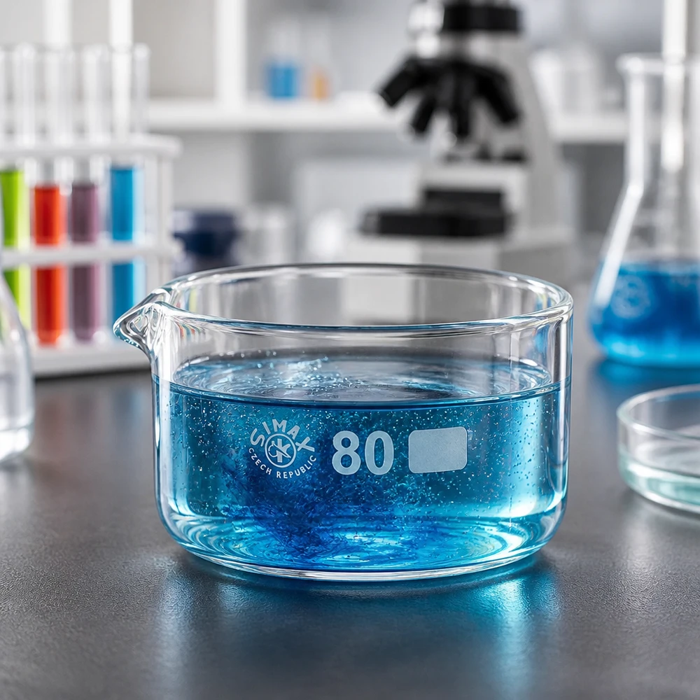 Piatto per cristallizzazione da 150ml con beccuccio Bo.. ø80mm Ciotola bassa per cristallizzazione da 150 ml, ø 80 mm, con liquido blu e beccuccio in vetro borosilicato