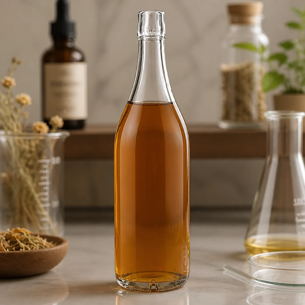 Bottiglia in vetro da 1000 ml senza tappo UNiTWIST Bottiglia di vetro 1000ml UNiTWIST con contenuto ambrato in un ambiente naturale di cucina con erbe e bottiglie