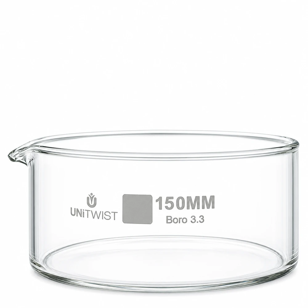 Piatto per cristallizzare ø150mm in vetro borosilicato UNiTWIST Vaschetta di cristallizzazione da 150 mm in vetro borosilicato UNiTWIST, trasparente, cilindrica, con beccuccio