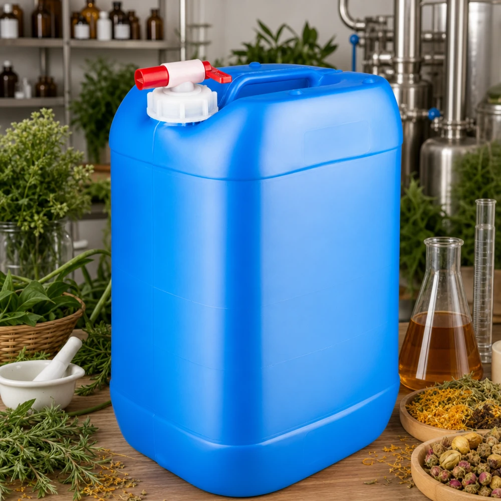 Tanica 25 litri blu con rubinetto di scarico Grande tanica blu per liquidi da 25 litri con rubinetto di scarico, circondata da erbe aromatiche e provette da laboratorio