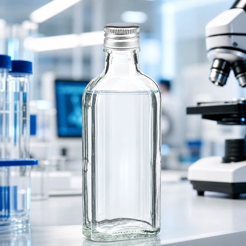 Bottiglietta di vetro Meplat da 100 ml trasparente con tappo a vite in alluminio argento PP22 per uso di laboratorio